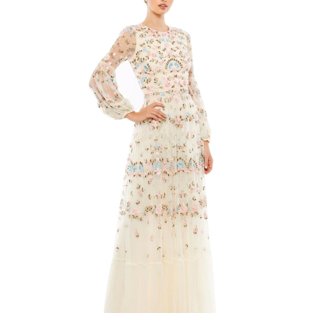 Mac Duggal NWT White Embellished Boho Long Sleeve Dress